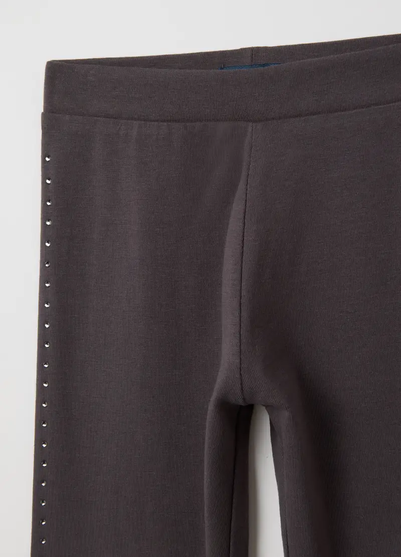 Leggings Da Bambina In Cotone Elasticizzato Grigi Con Strass, Grigio miniatura 3