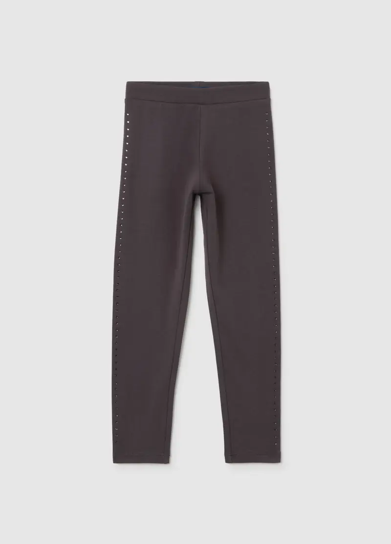 Leggings Da Bambina In Cotone Elasticizzato Grigi Con Strass, Grigio