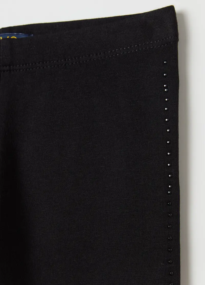 Leggings In Cotone Stretch Con Strass, Bambina, Nero miniatura 3