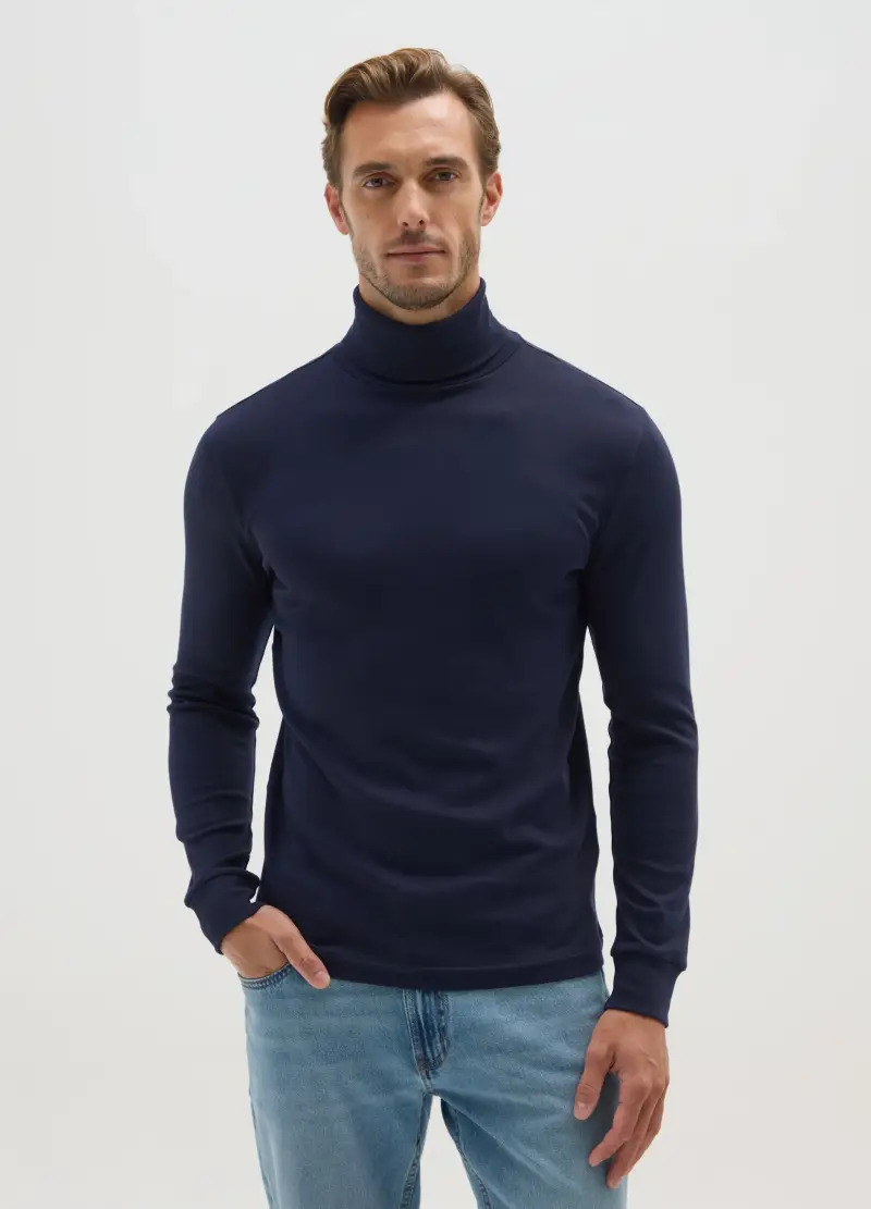 Maglia A Collo Alto Blu In Cotone, Uomo, Blu miniatura 2