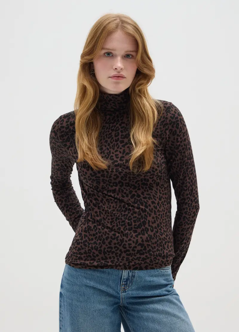 Maglia A Collo Alto Leopardata Marrone Regular Fit, Donna, Multicolor