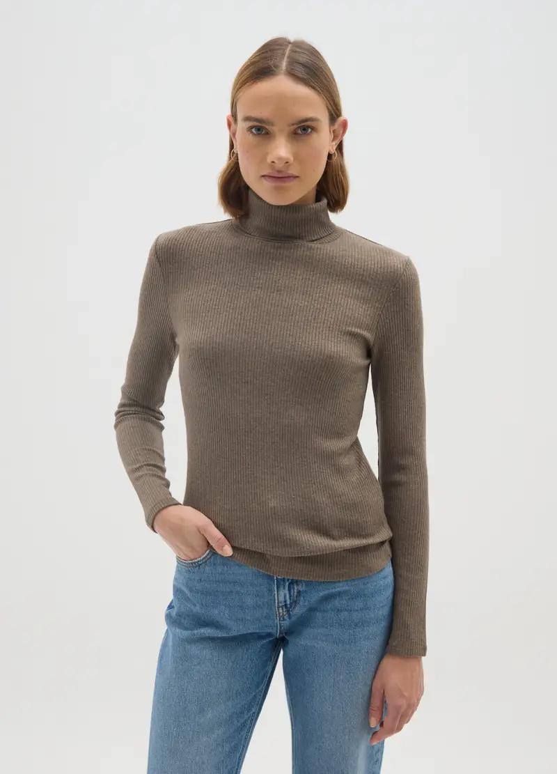 Maglia A Collo Alto Marrone Regular Fit, Donna, Marrone miniatura 2