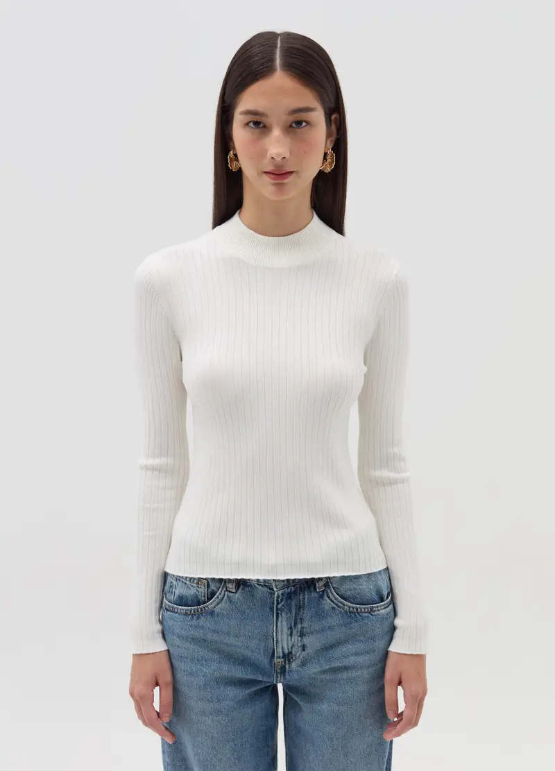Maglia A Coste Piatte Mock Neck, Donna, Bianco miniatura 2