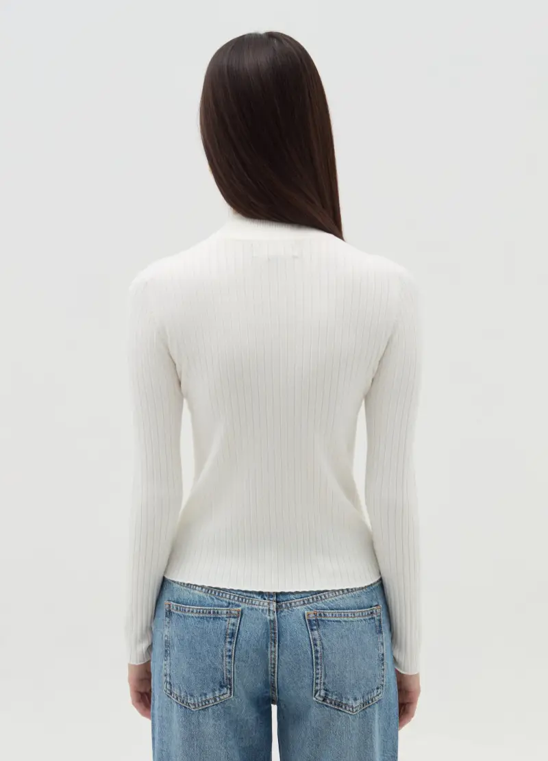 Maglia A Coste Piatte Mock Neck, Donna, Bianco miniatura 3