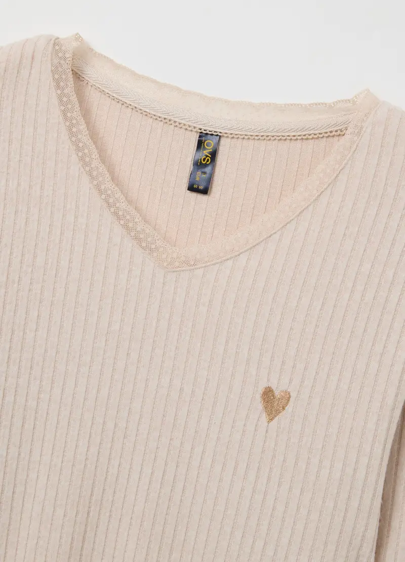 Maglia A Costine Beige Per Pigiama Regular Fit Con Scollo A V, Donna, Beige miniatura 2