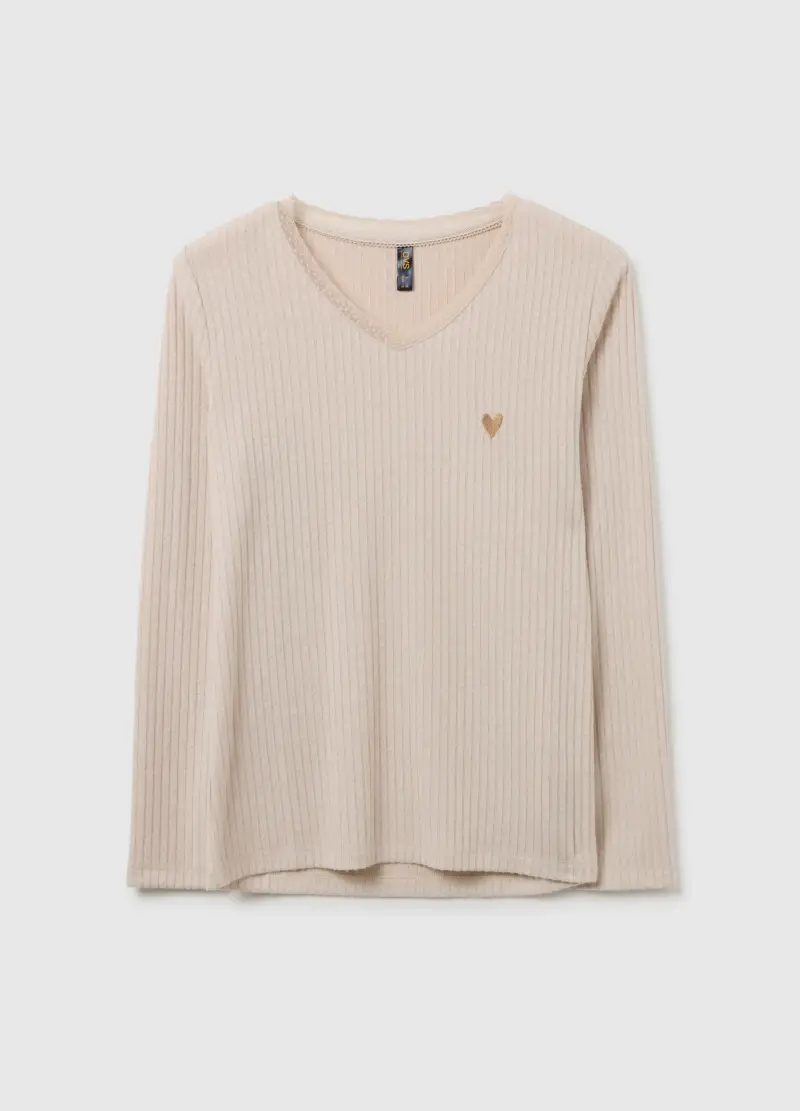 Maglia A Costine Beige Per Pigiama Regular Fit Con Scollo A V, Donna, Beige