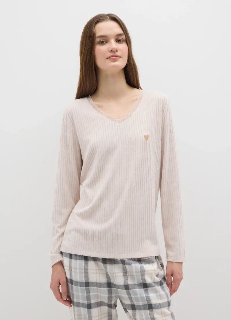 Maglia A Costine Beige Per Pigiama Regular Fit Con Scollo A V, Donna, Beige miniatura 2