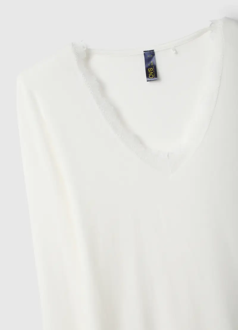 Maglia A Maniche Lunghe Bianca Regular Fit E Bordi In Pizzo, Donna, Bianco miniatura 2