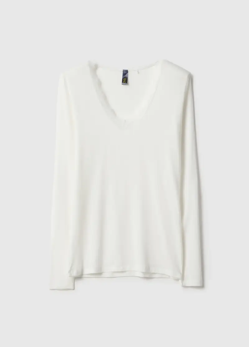 Maglia A Maniche Lunghe Bianca Regular Fit E Bordi In Pizzo, Donna, Bianco