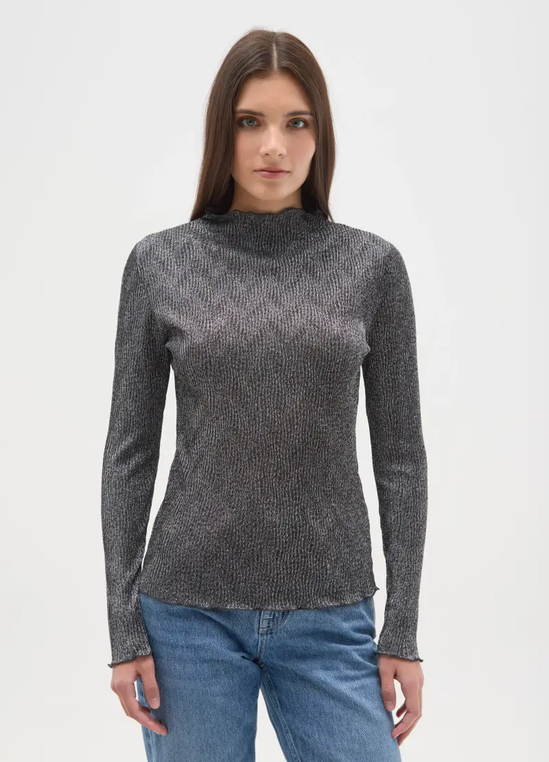 Maglia A Maniche Lunghe Grigia In Lurex, Donna, Grigio