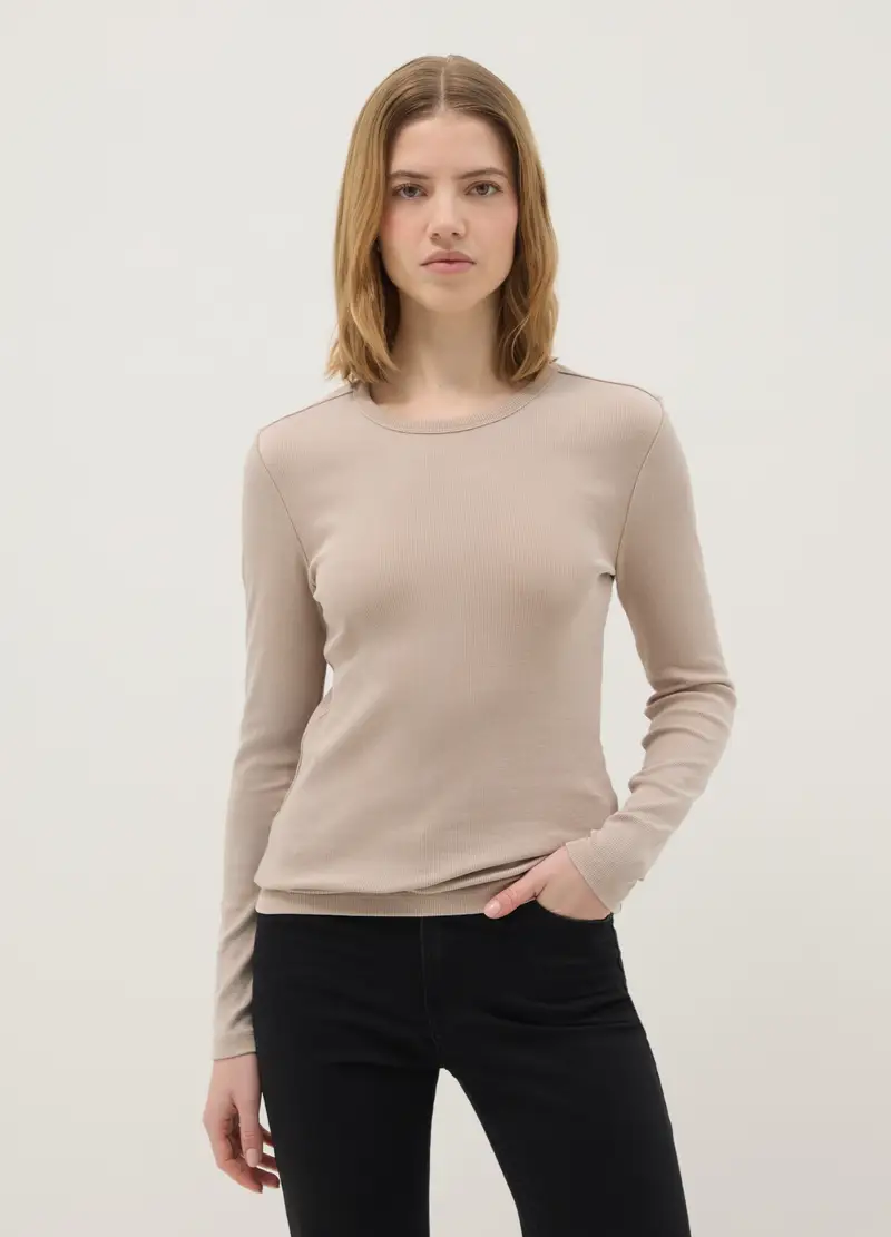 Maglia A Maniche Lunghe In Cotone Elasticizzato Beige Regular Fit, Donna, Beige