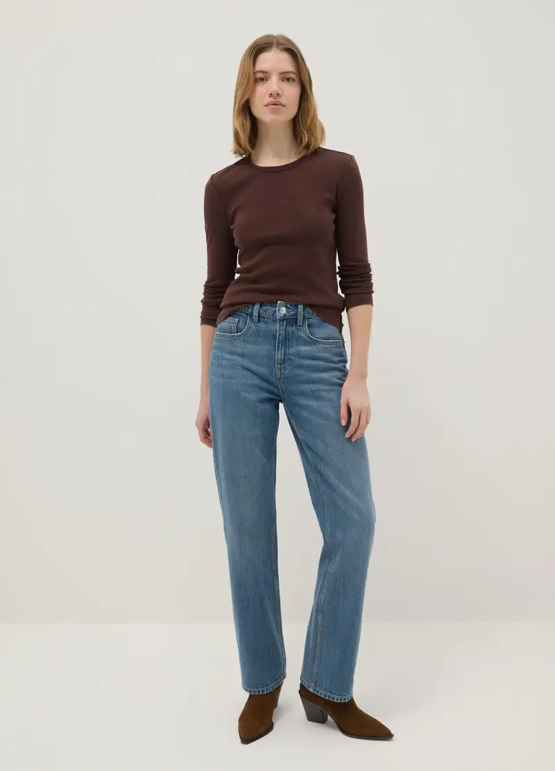 Maglia A Maniche Lunghe In Cotone Elasticizzato Marrone Regular Fit, Donna, Marrone miniatura 2