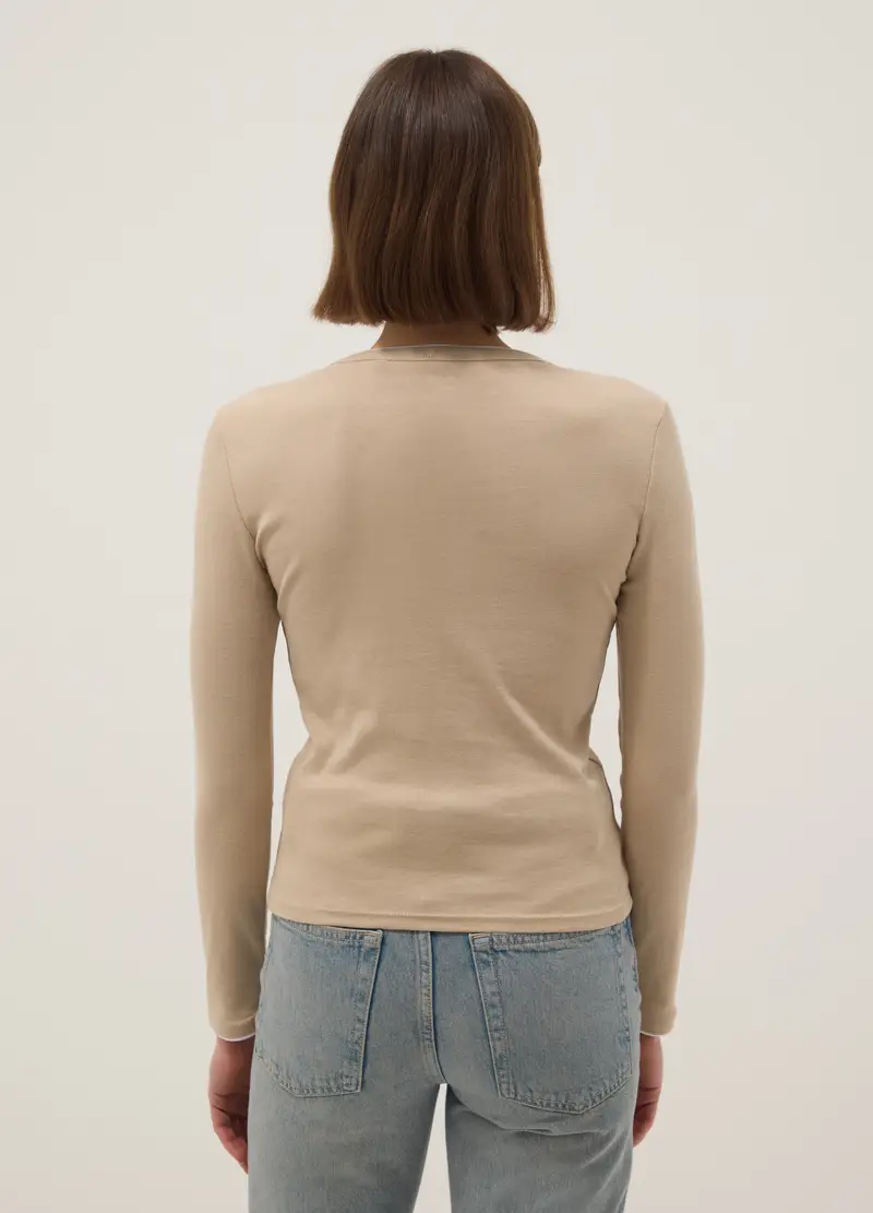 Maglia A Maniche Lunghe In Puro Cotone Beige Regular Fit, Donna, Beige miniatura 3
