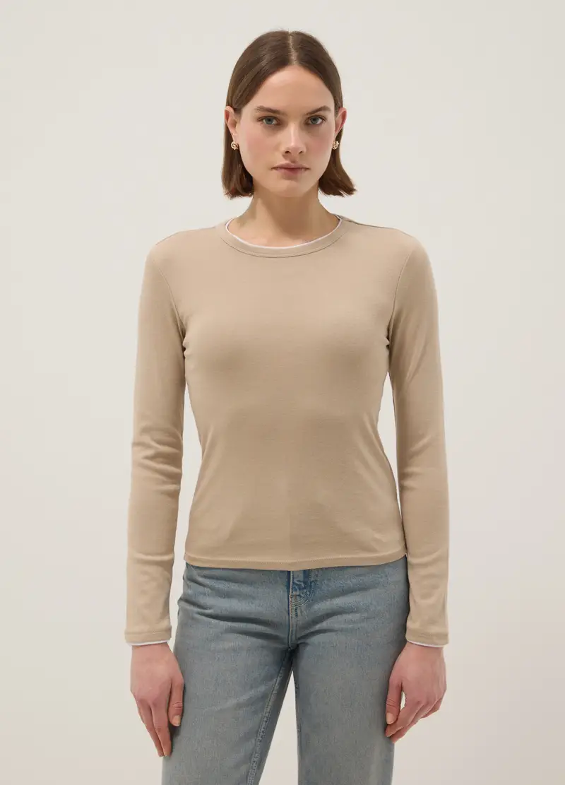Maglia A Maniche Lunghe In Puro Cotone Beige Regular Fit, Donna, Beige