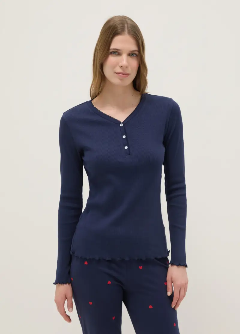 Maglia A Maniche Lunghe In Puro Cotone Blu Regular Fit Con Collo Serafino, Donna, Blu