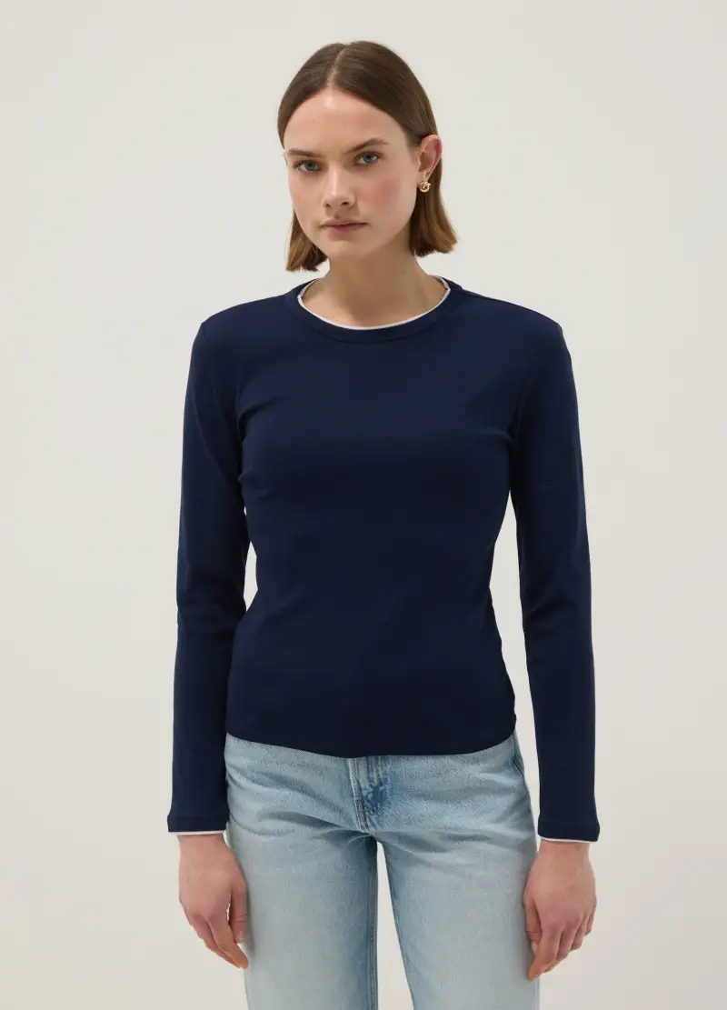 Maglia A Maniche Lunghe In Puro Cotone Blu Regular Fit, Donna, Blu miniatura 2
