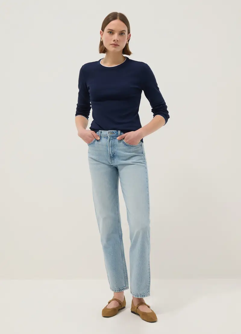 Maglia A Maniche Lunghe In Puro Cotone Blu Regular Fit, Donna, Blu