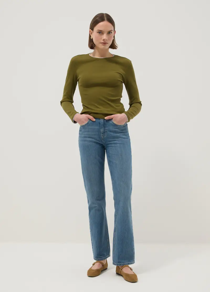 Maglia A Maniche Lunghe In Puro Cotone Verde Regular Fit, Donna, Verde miniatura 3