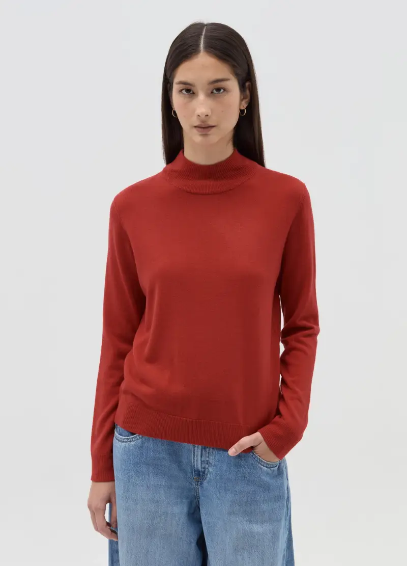 Maglia A Maniche Lunghe Mock Neck, Donna, Rosso miniatura 3