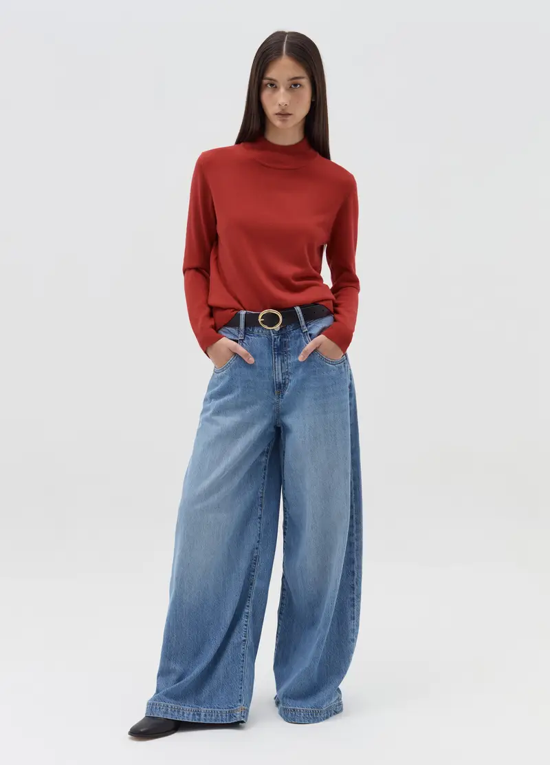 Maglia A Maniche Lunghe Mock Neck, Donna, Rosso