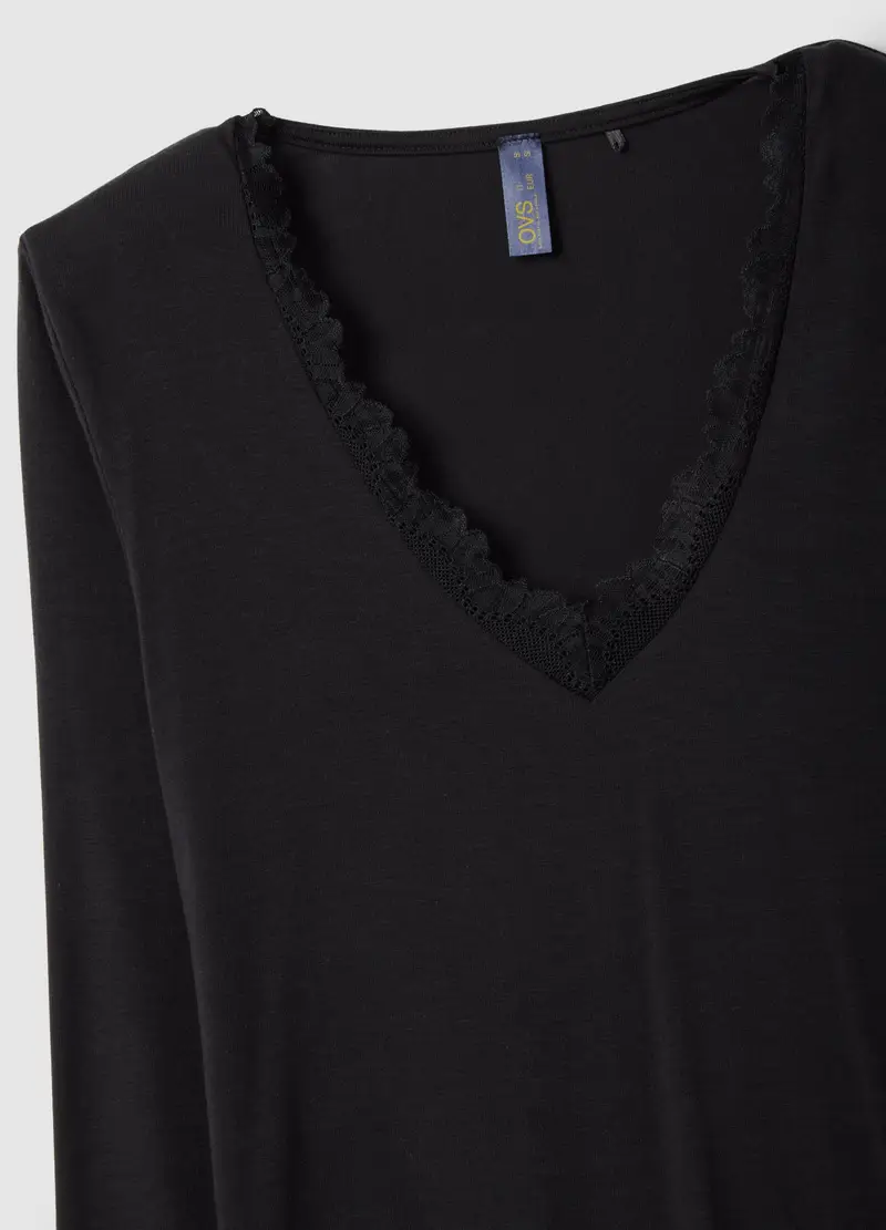 Maglia A Maniche Lunghe Nera Regular Fit E Bordi In Pizzo, Donna, Nero miniatura 2