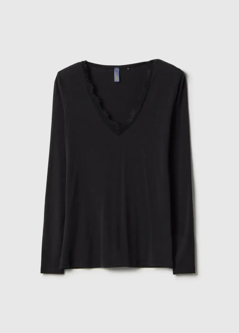 Maglia A Maniche Lunghe Nera Regular Fit E Bordi In Pizzo, Donna, Nero