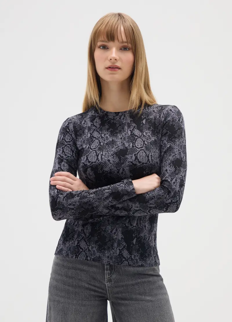 Maglia A Maniche Lunghe Nero Con Stampa Serpente, Donna, Nero