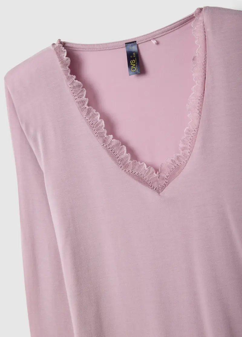 Maglia A Maniche Lunghe Rosa Regular Fit E Bordi In Pizzo, Donna, Rosa miniatura 2