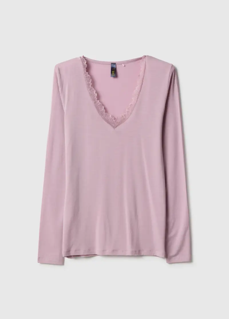 Maglia A Maniche Lunghe Rosa Regular Fit E Bordi In Pizzo, Donna, Rosa