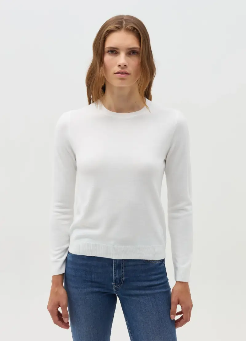 Maglia A Maniche Lunghe Tinta Unita, Donna, Bianco