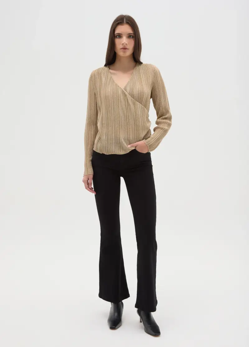 Maglia A Righe Beige Regular Fit Con Scollo A V, Donna, Beige miniatura 2