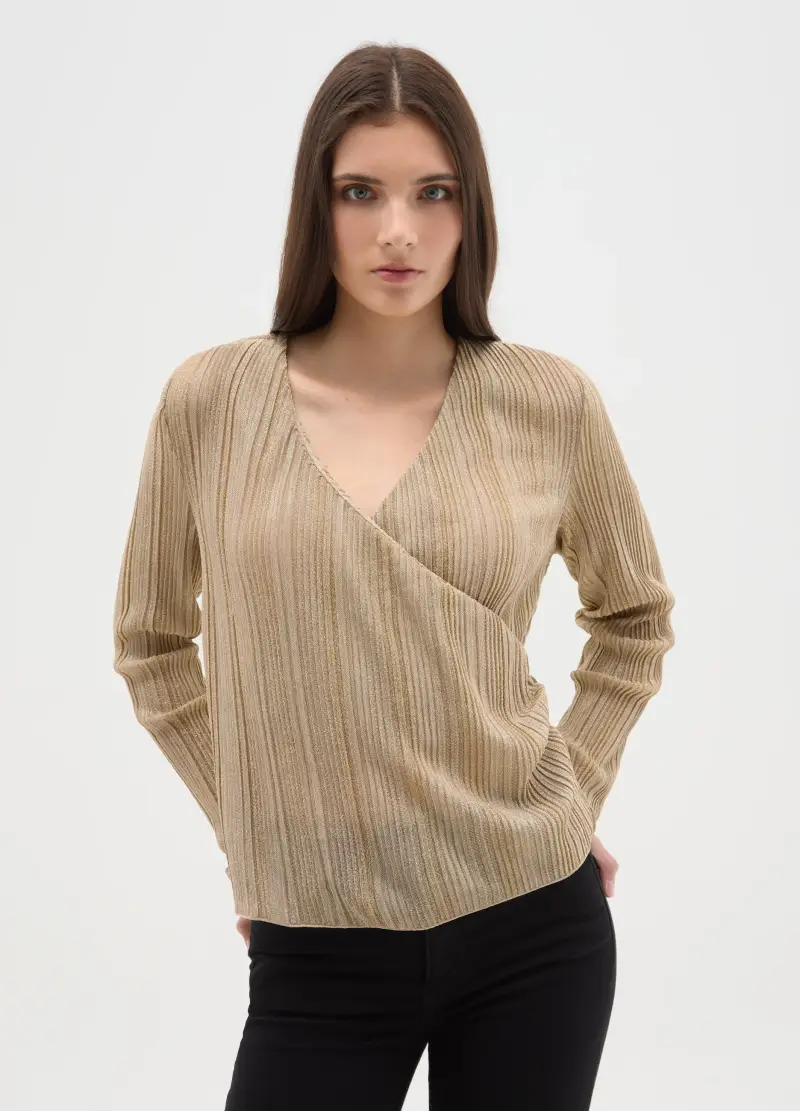 Maglia A Righe Beige Regular Fit Con Scollo A V, Donna, Beige