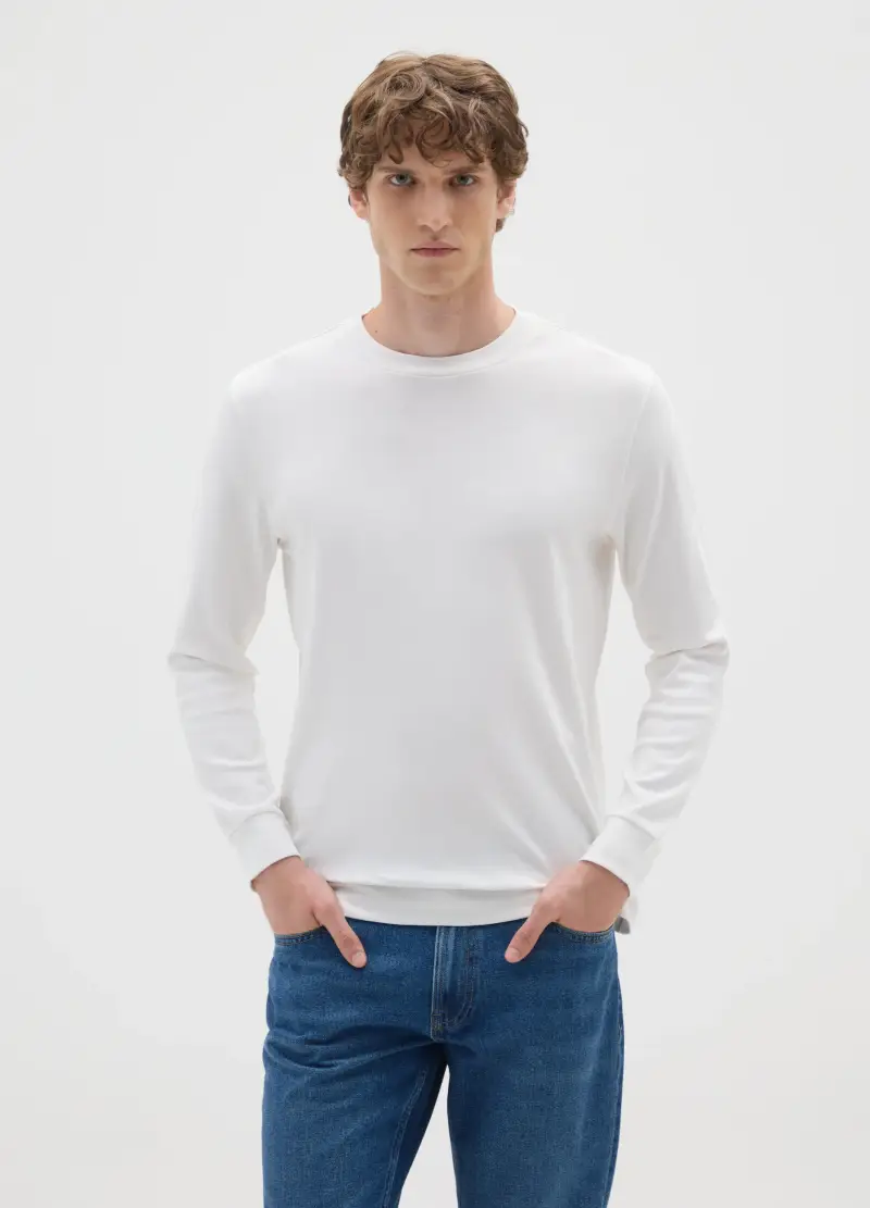 Maglia Bianca A Maniche Lunghe In Cotone, Uomo, Bianco