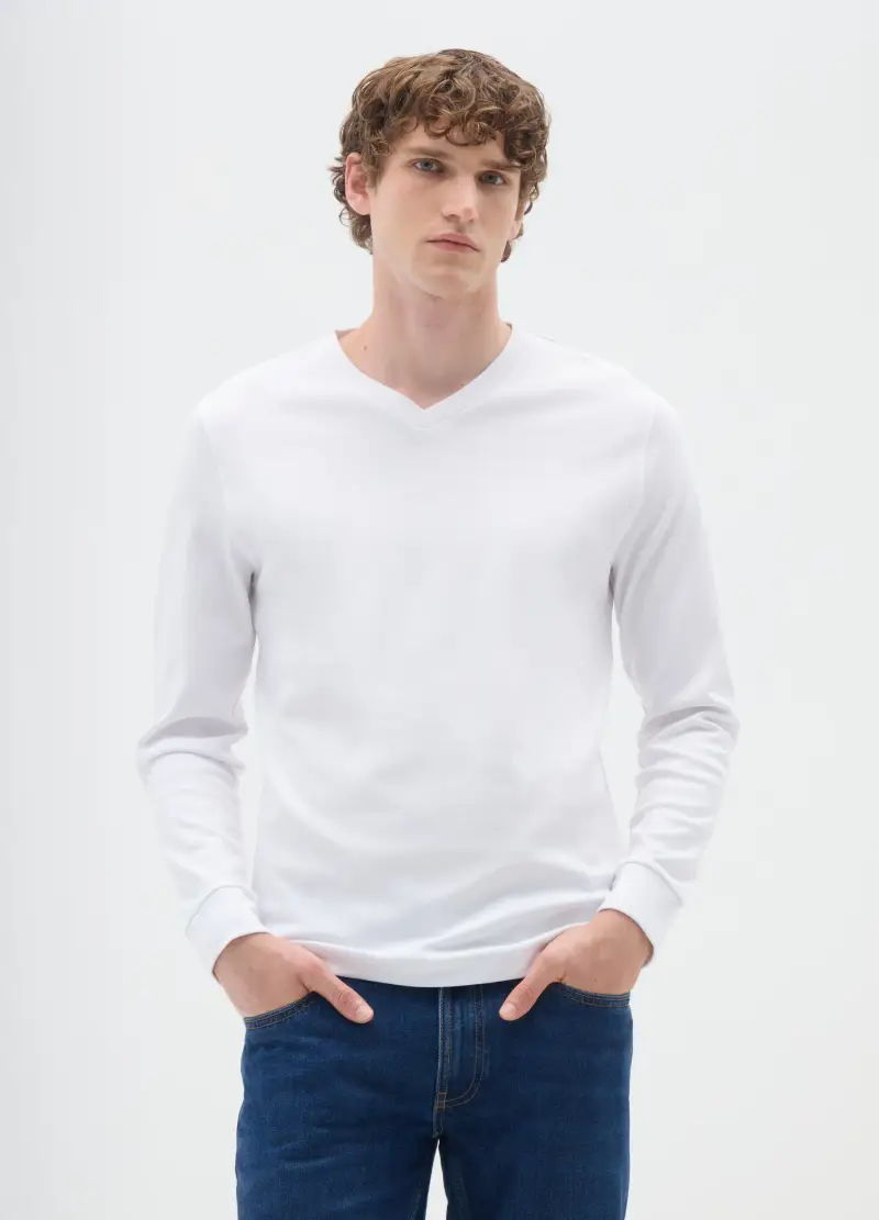 Maglia Bianca A Maniche Lunghe In Cotone, Uomo, Bianco