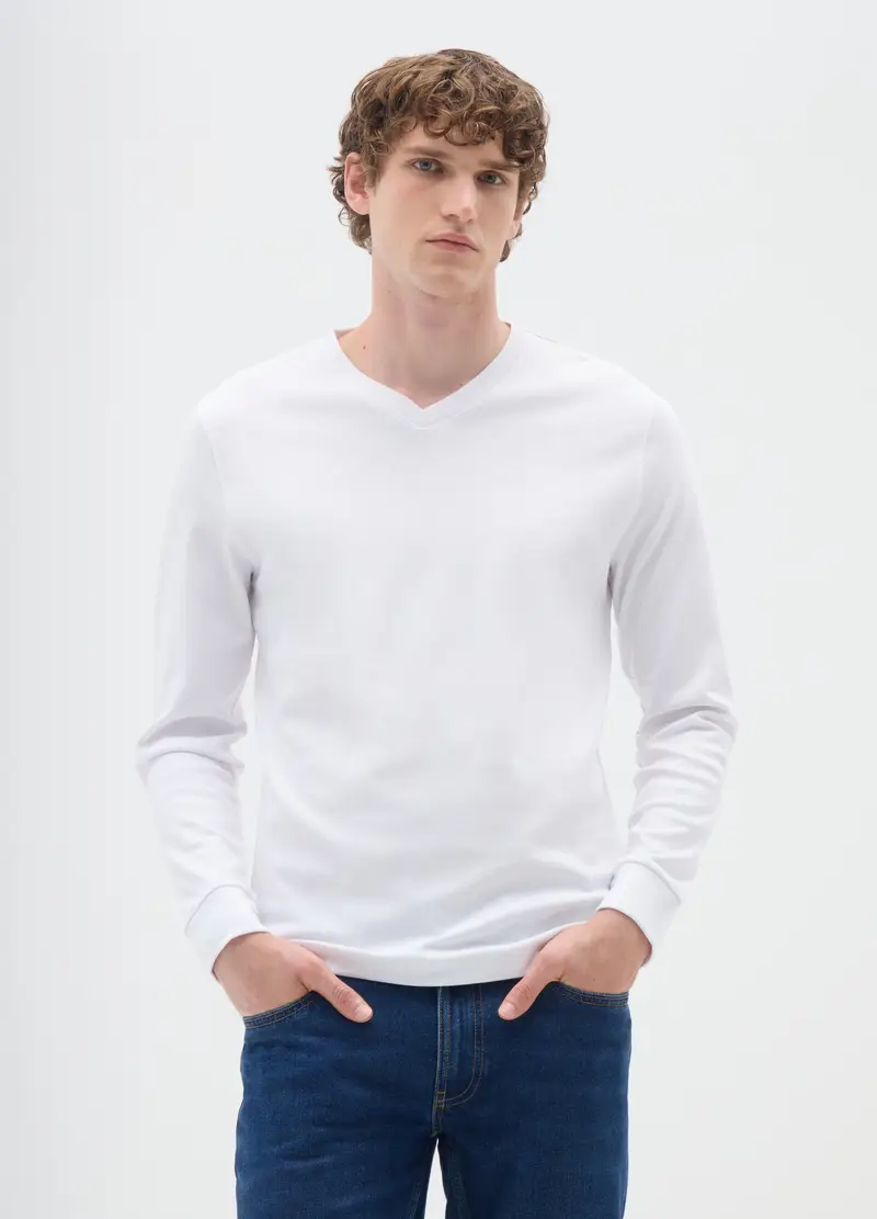 Maglia Bianca A Maniche Lunghe In Cotone, Uomo, Bianco