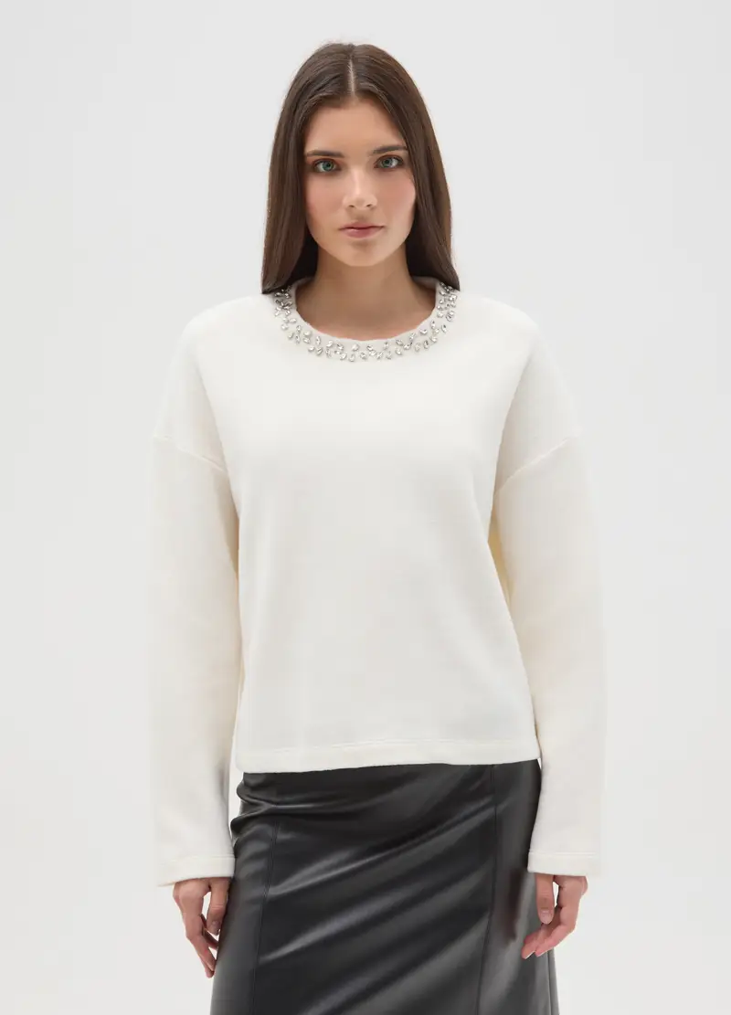 Maglia Bianca In Misto Cotone Regular Fit Con Collo Decorato, Donna, Bianco miniatura 2