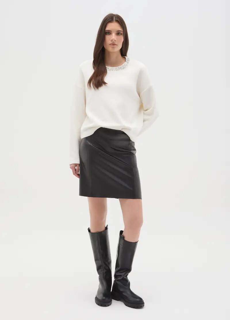 Maglia Bianca In Misto Cotone Regular Fit Con Collo Decorato, Donna, Bianco