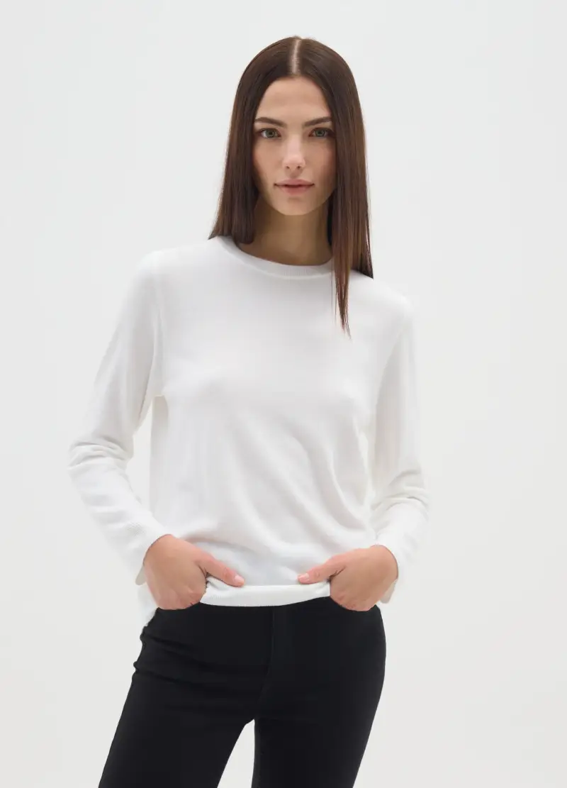 Maglia Bianca Regular Fit Con Scollo Rotondo, Donna, Bianco miniatura 2