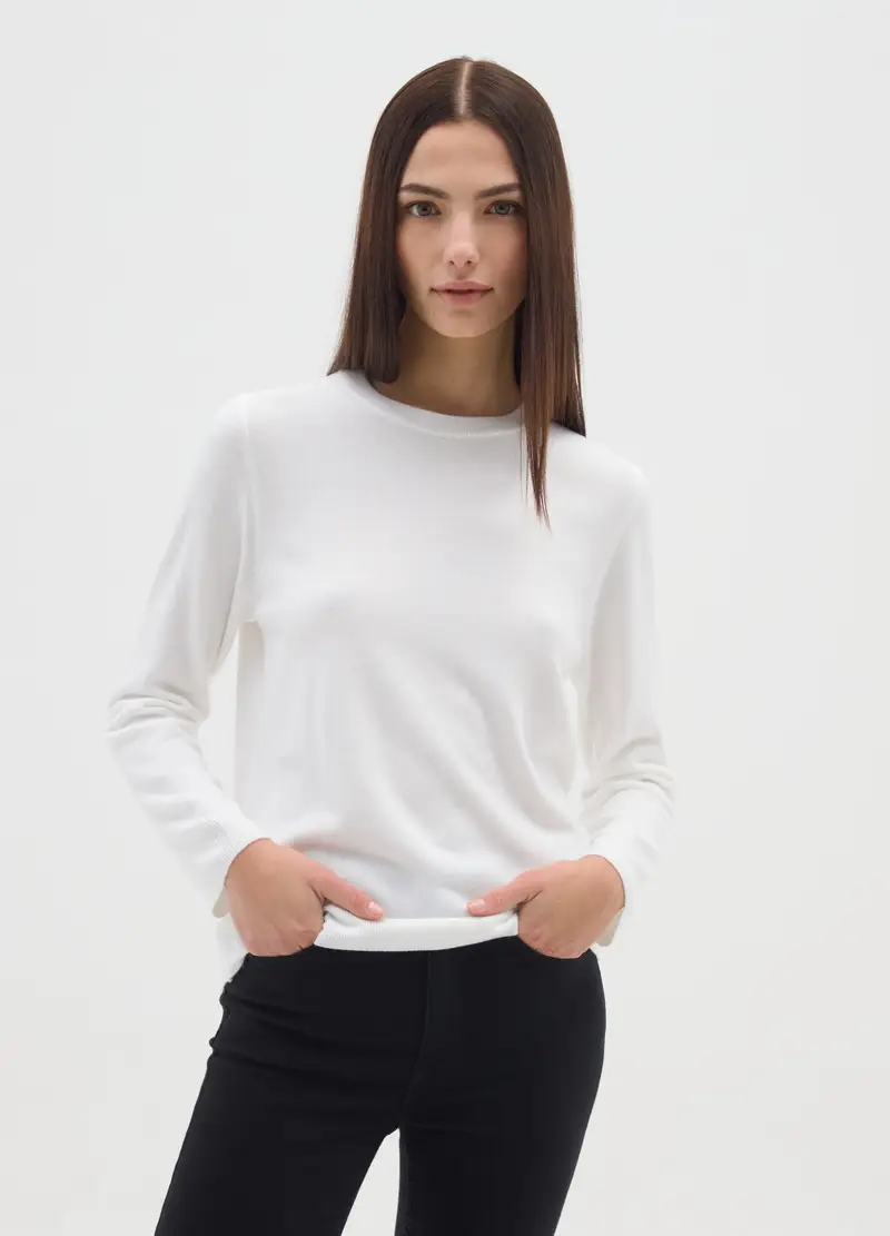 Maglia Bianca Regular Fit Con Scollo Rotondo, Donna, Bianco miniatura 2