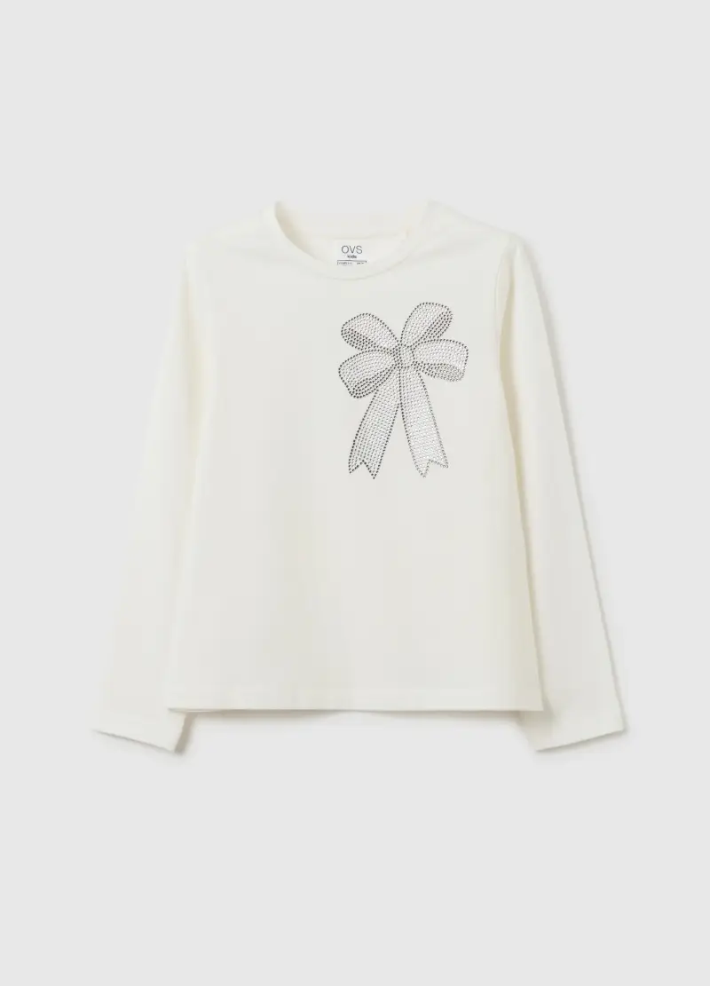 Maglia Da Bambina In Cotone Elasticizzato Bianca Regular Fit Con Fiocco, Bianco