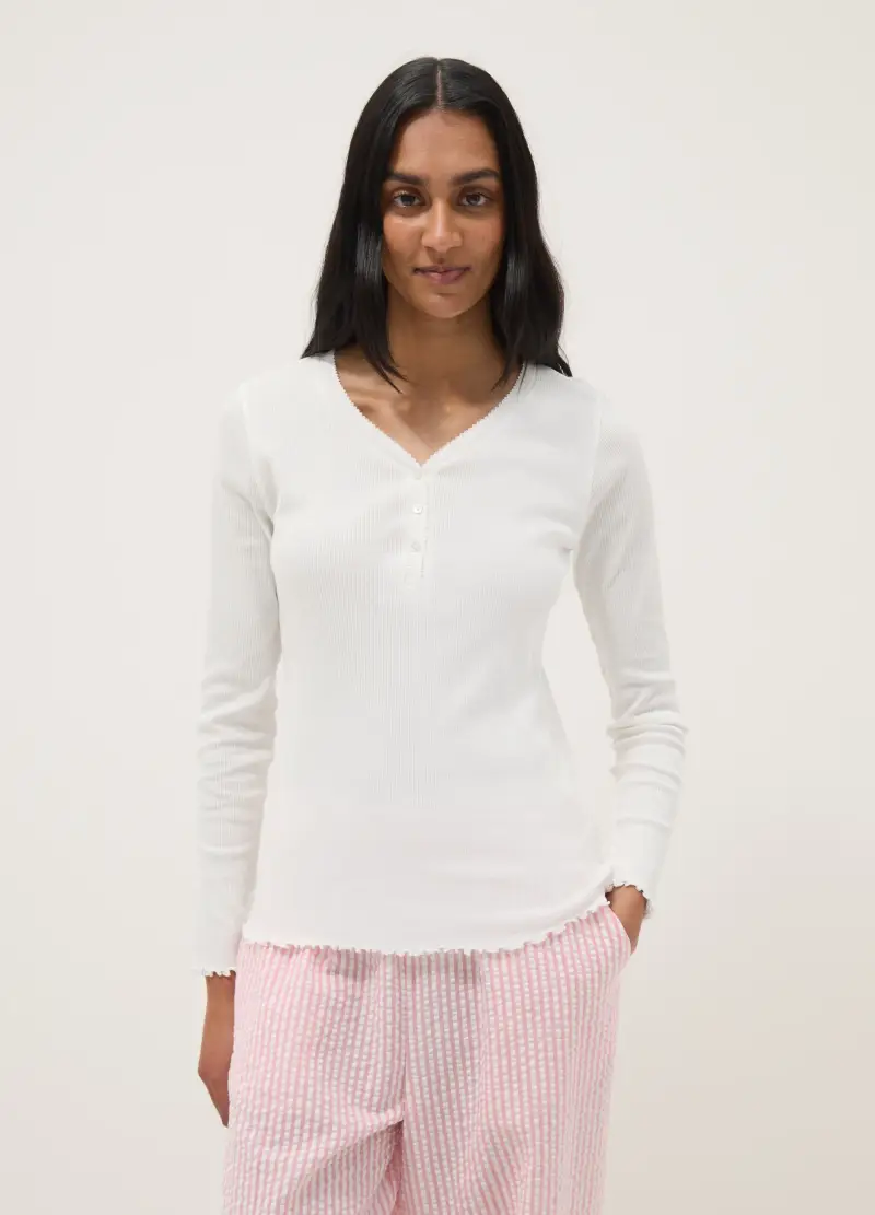 Maglia Da Notte In Puro Cotone Bianca Regular Fit Con Collo Serafino, Donna, Bianco