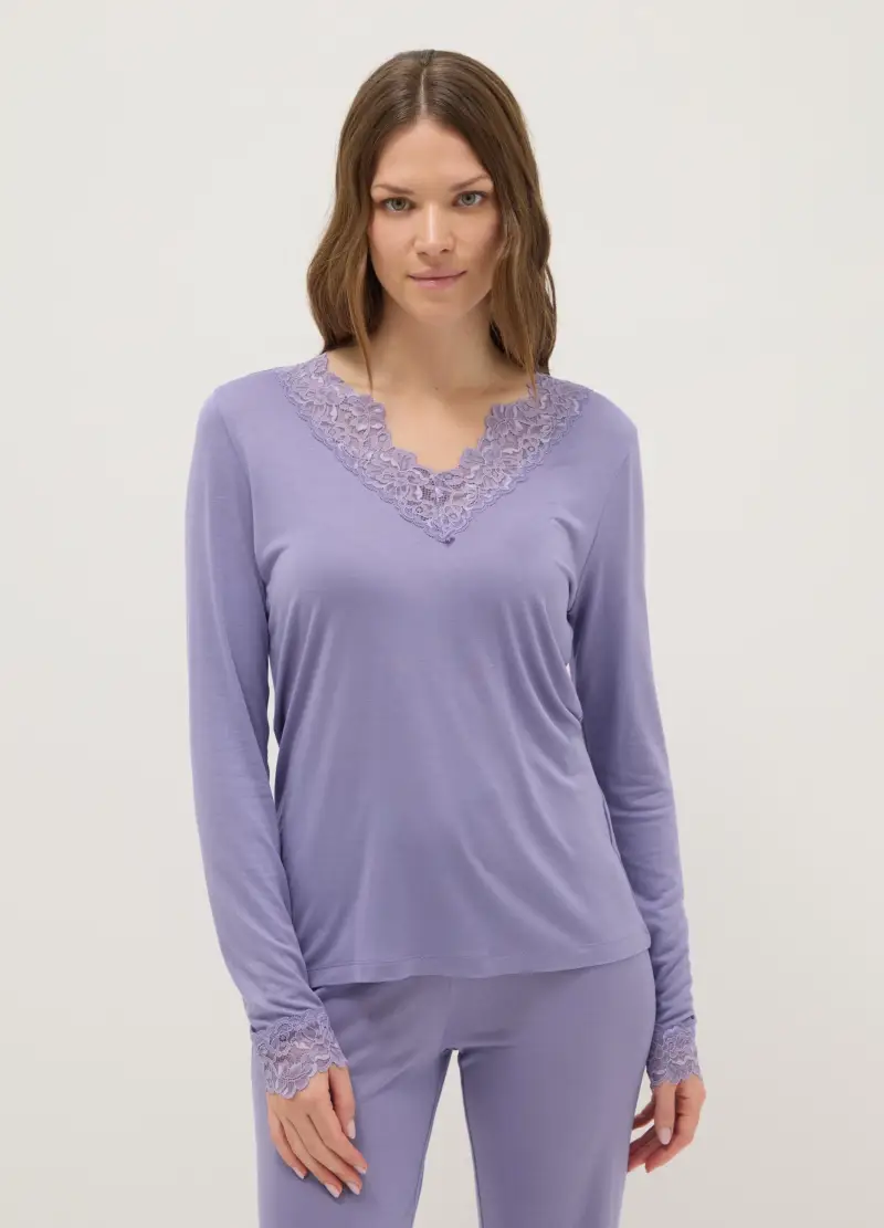 Maglia Da Notte Viola Con Scollo A V In Pizzo Regular Fit, Donna, Viola