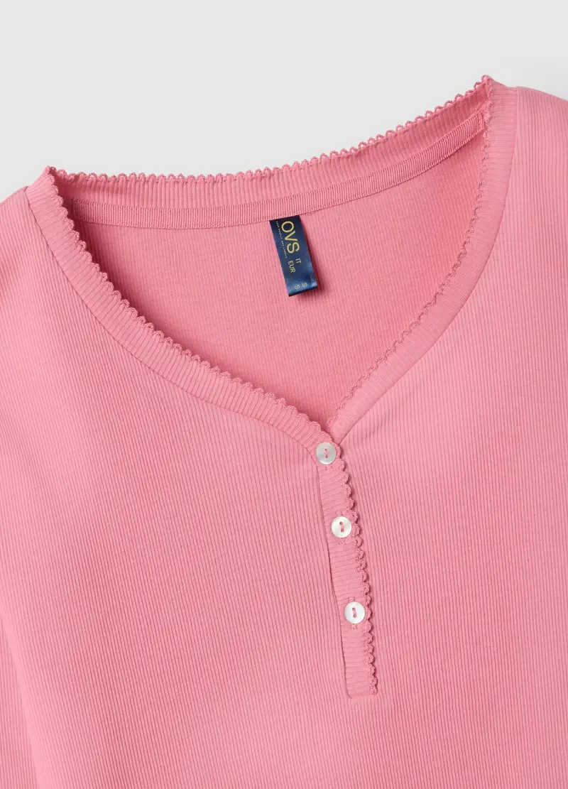 Maglia Da Pigiama In Puro Cotone Rosa Regular Fit Con Scollo Serafino, Donna, Rosa miniatura 2