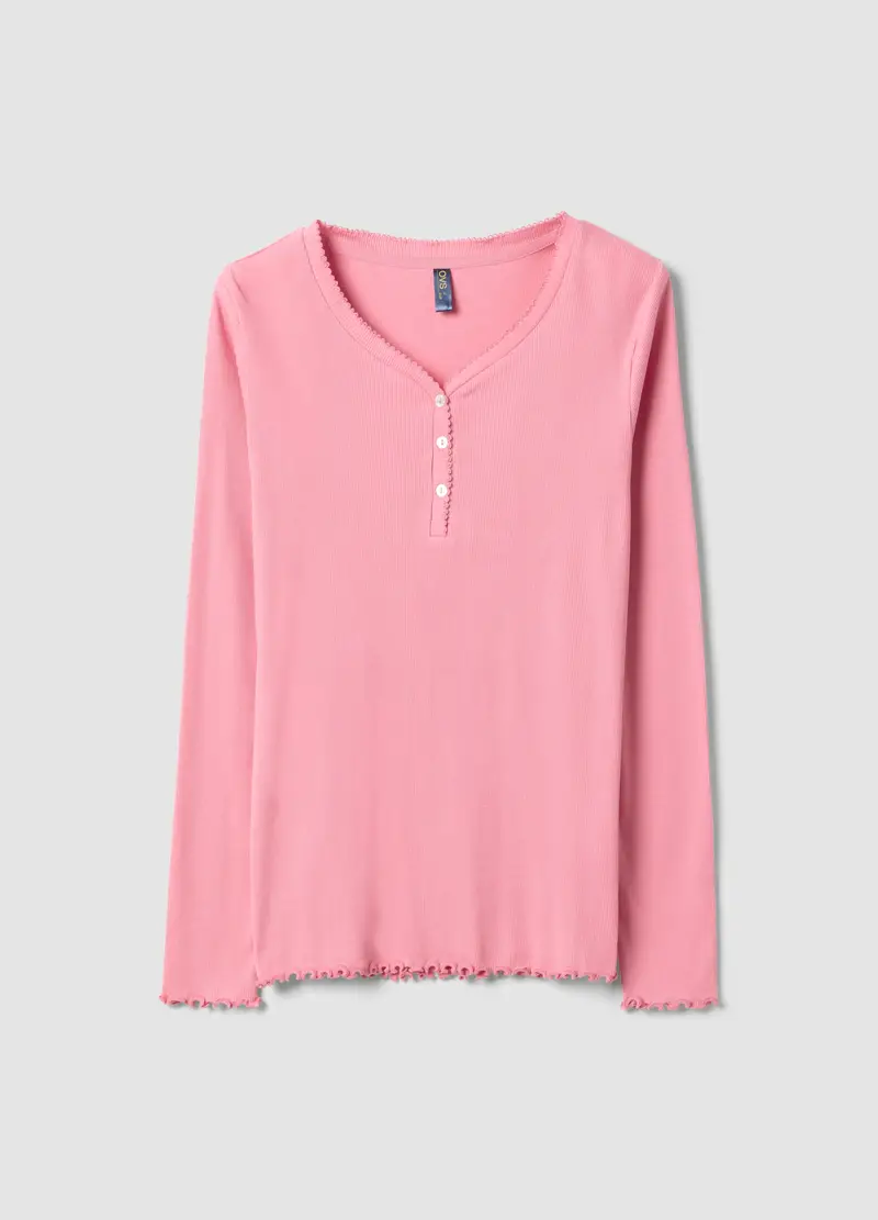 Maglia Da Pigiama In Puro Cotone Rosa Regular Fit Con Scollo Serafino, Donna, Rosa