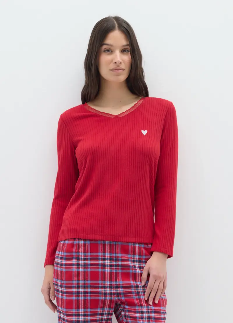 Maglia Da Pigiama Rossa Con Scollo A V E Lavorazione A Righe, Donna, Rosso