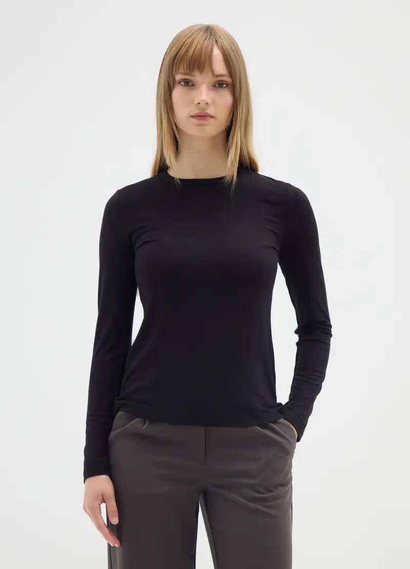 Maglia Elasticizzata Nera Regular Fit, Donna, Nero miniatura 2