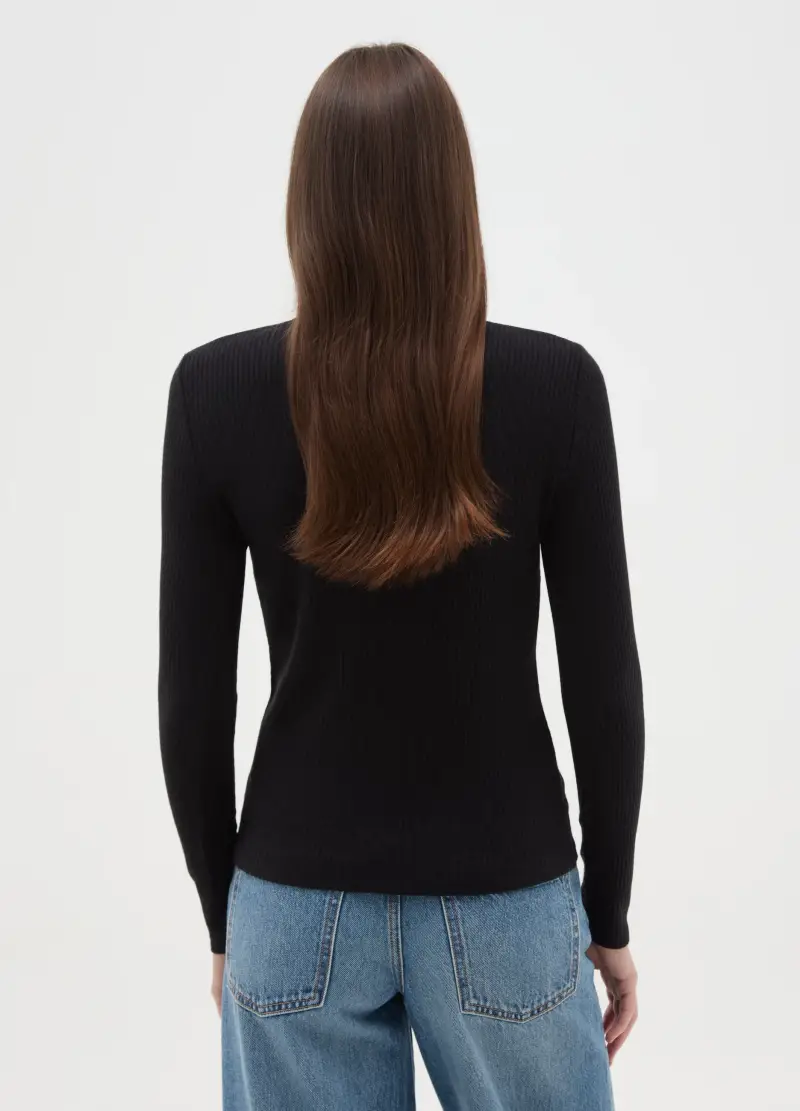 Maglia Girocollo Con Maniche Lunghe A Righe Nera Regular Fit, Donna, Nero miniatura 3