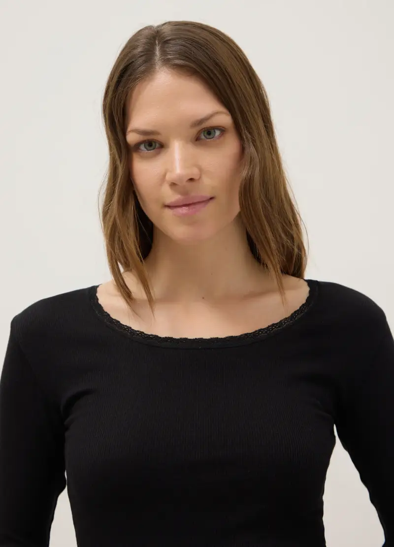Maglia Girocollo Nera A Maniche Lunghe In Misto Cotone Regular Fit, Donna, Nero