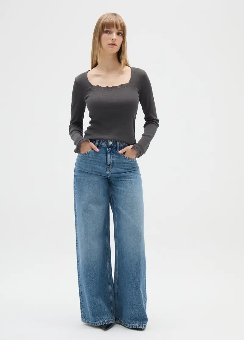 Maglia Grigia A Maniche Lunghe In Misto Cotone, Donna, Grigio