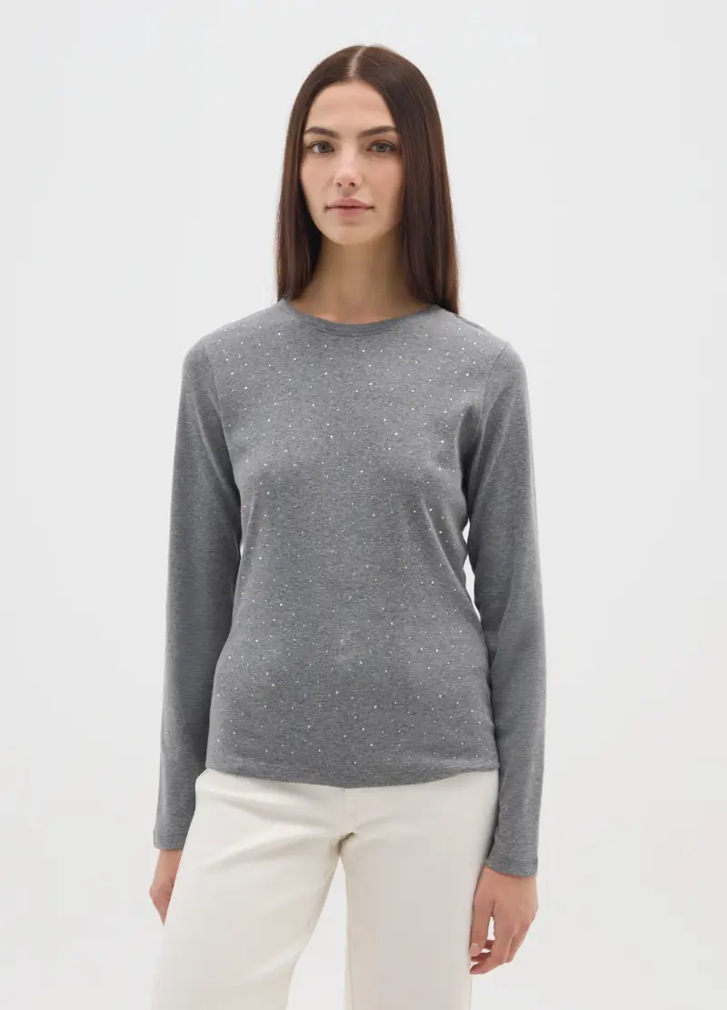 Maglia Grigia A Maniche Lunghe In Puro Cotone Regular Fit Con Strass, Donna, Grigio miniatura 2